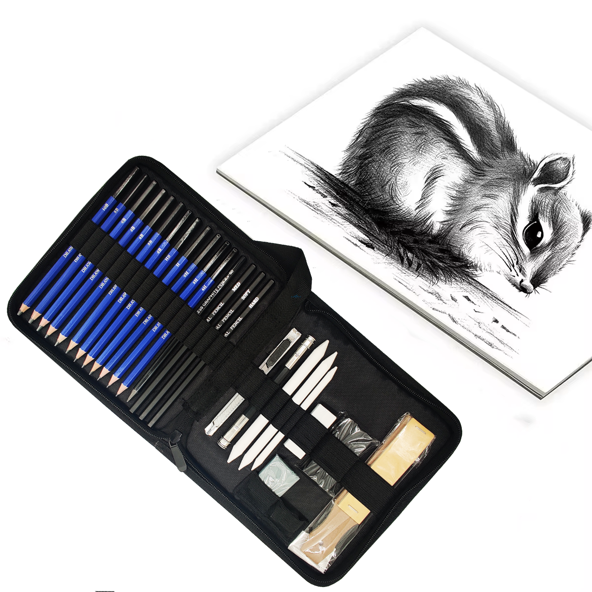 Professional 30pc sketching set with graphite pencils, charcoal sticks, and blending tools displayed on textured paper