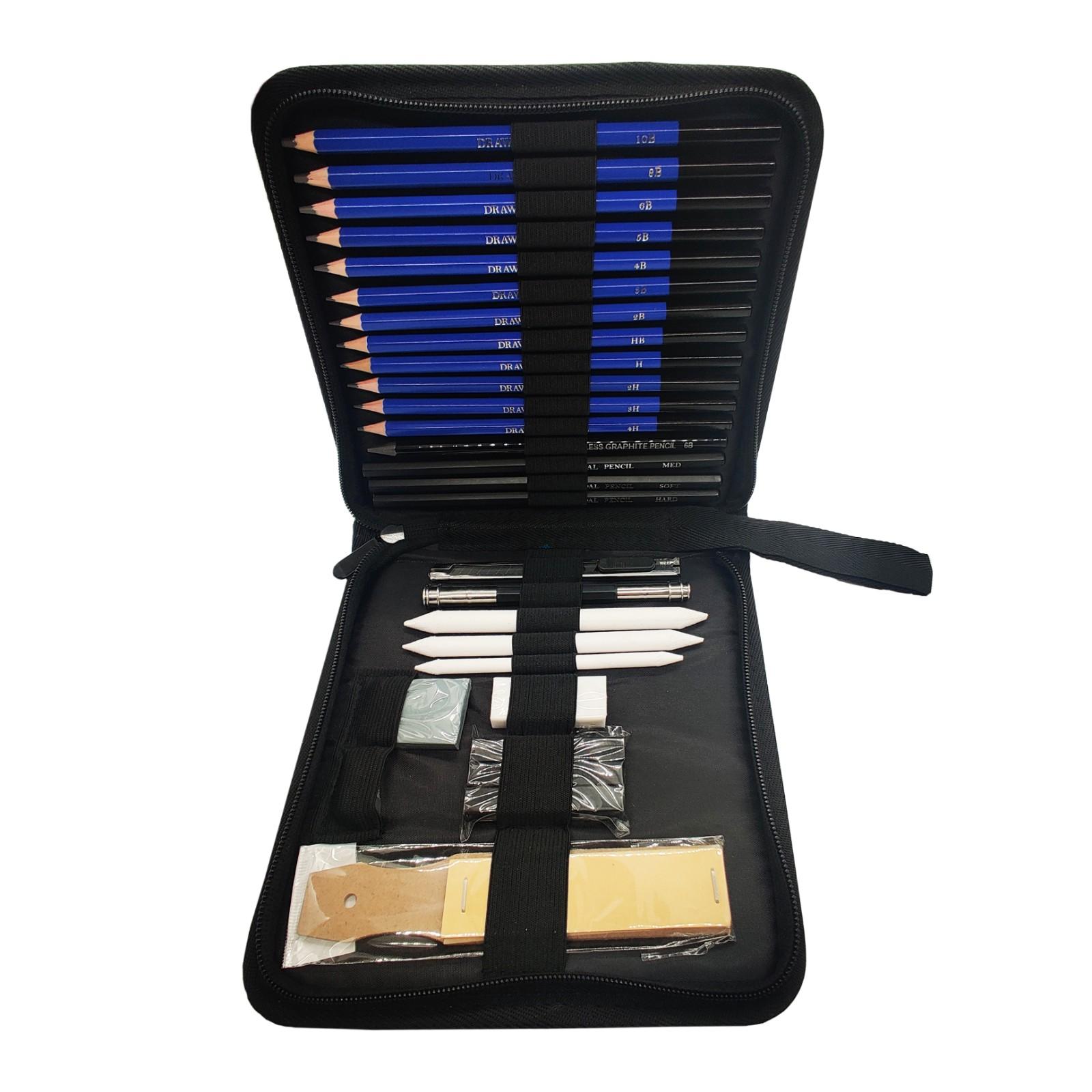 Professional 30pc sketching set with graphite pencils, charcoal sticks, and blending tools displayed on textured paper