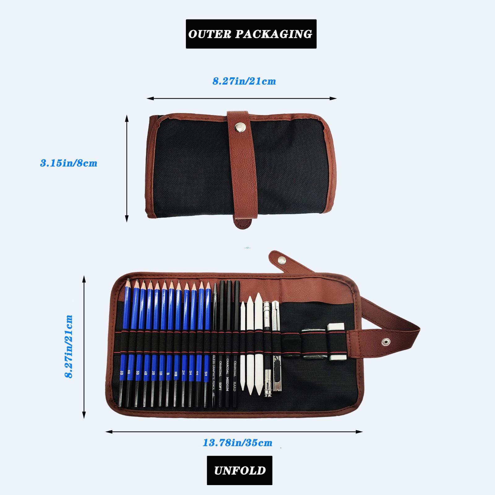 Artist rolling up sketch kit with pencils and charcoal sticks visible in canvas wrap  