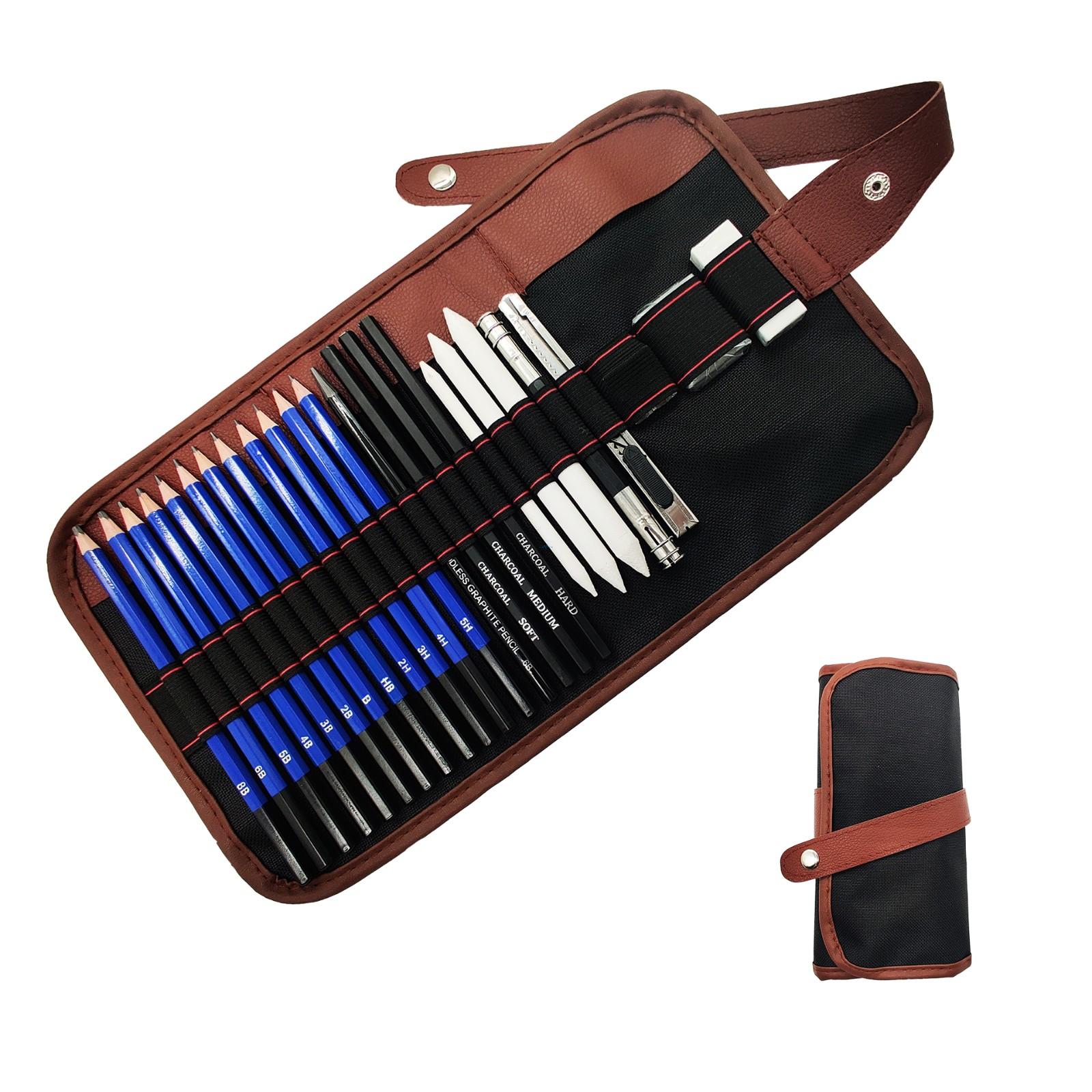 Professional 25-Piece Sketch Drawing Kit with Roll-Up Bag
