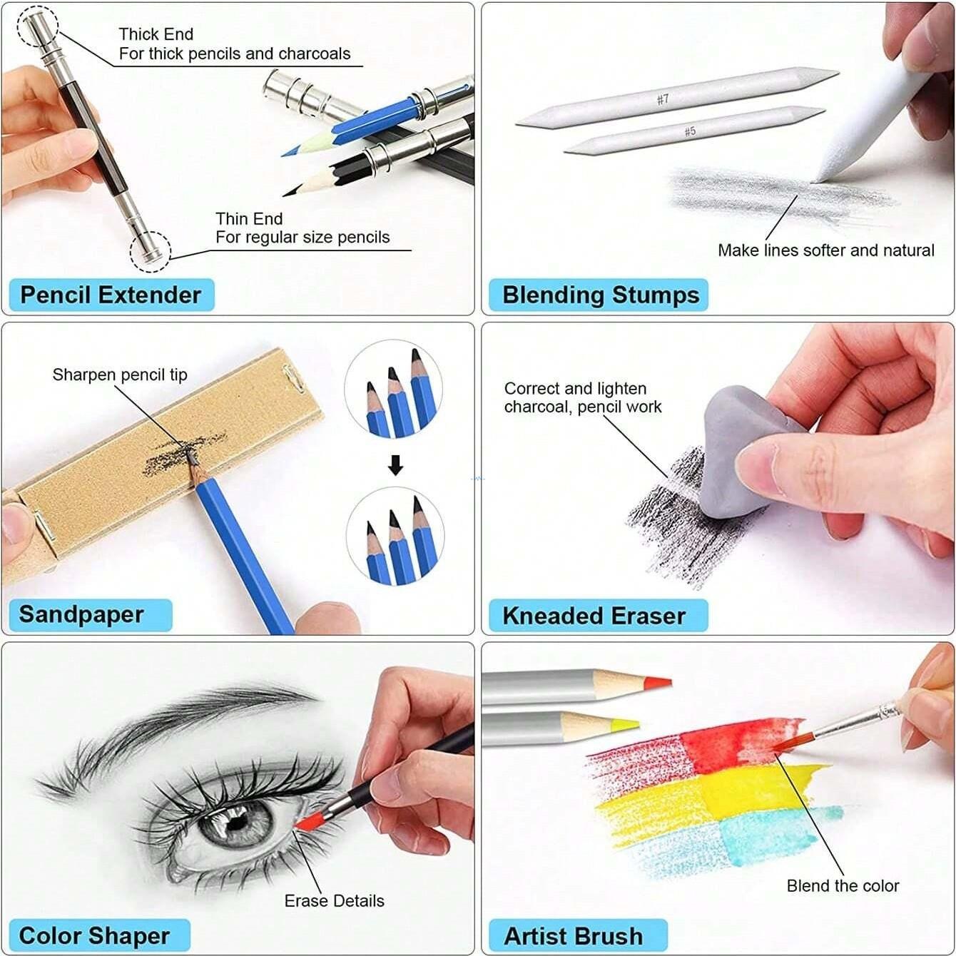 Professional art kit with flip-stand design showing pencils and tools