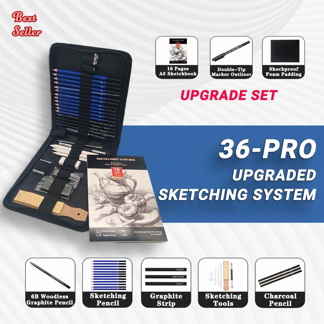 Enhanced 36-Piece Sketching System with Graphite Pencils and Technical Tools