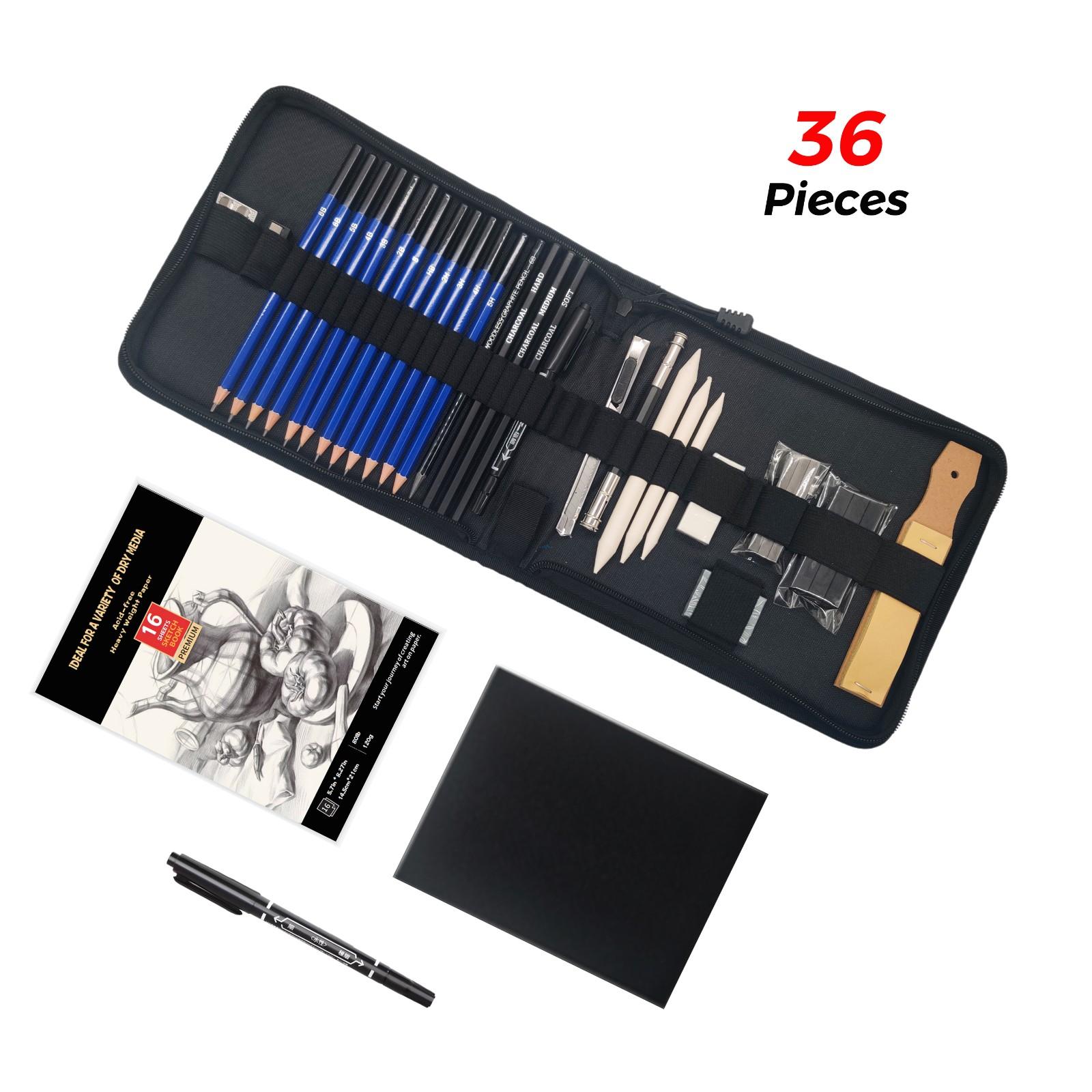 Enhanced 36-Piece Sketching System with Graphite Pencils and Technical Tools