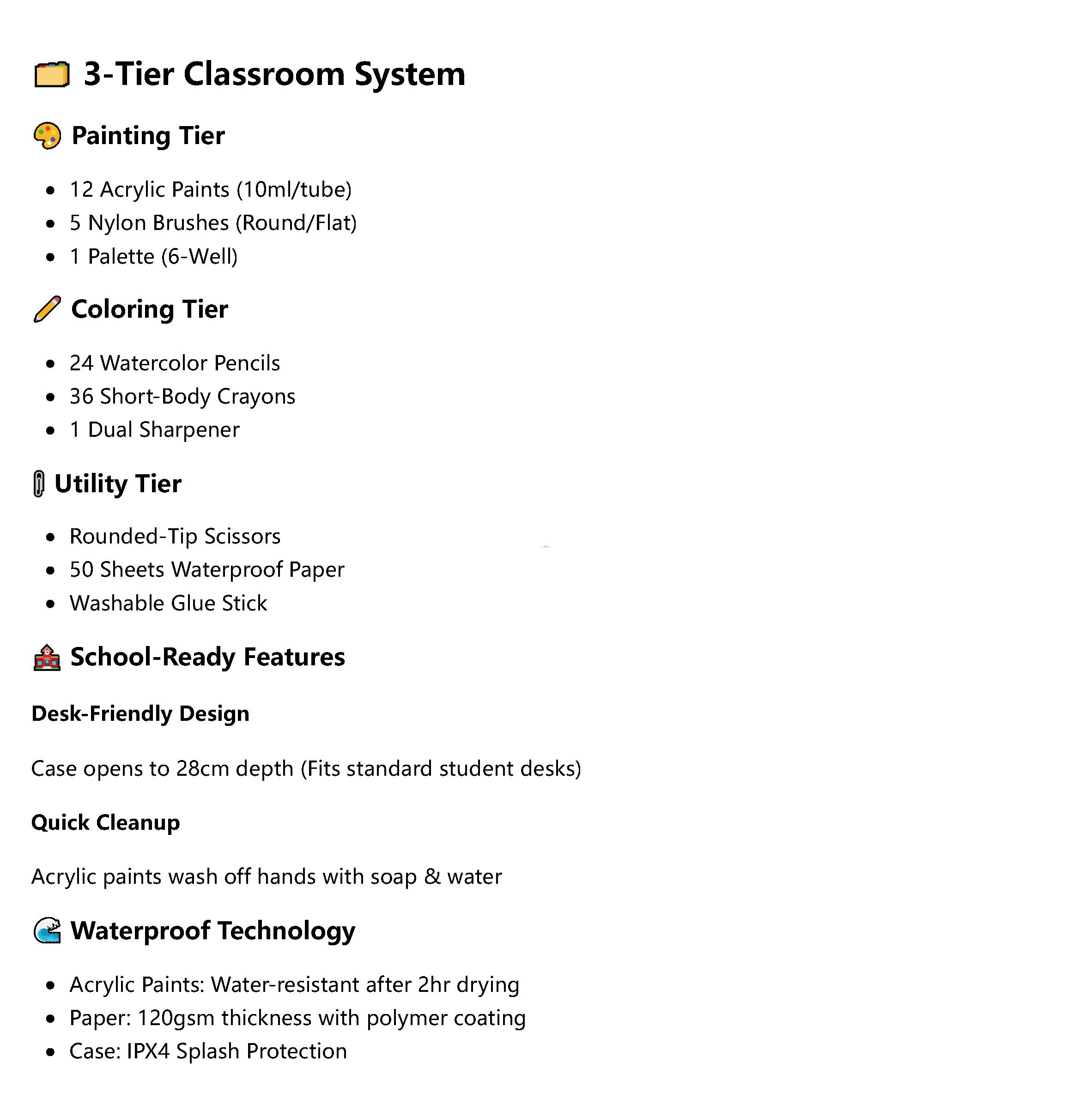 Open 3-tier art case showing acrylic paints, crayons and school tools organized by category