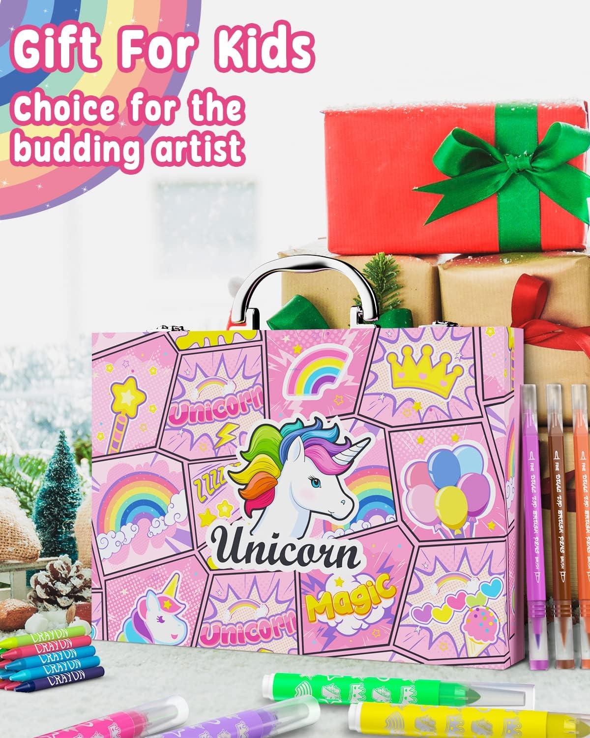 Art kit wrapped with rainbow ribbon and unicorn gift tag