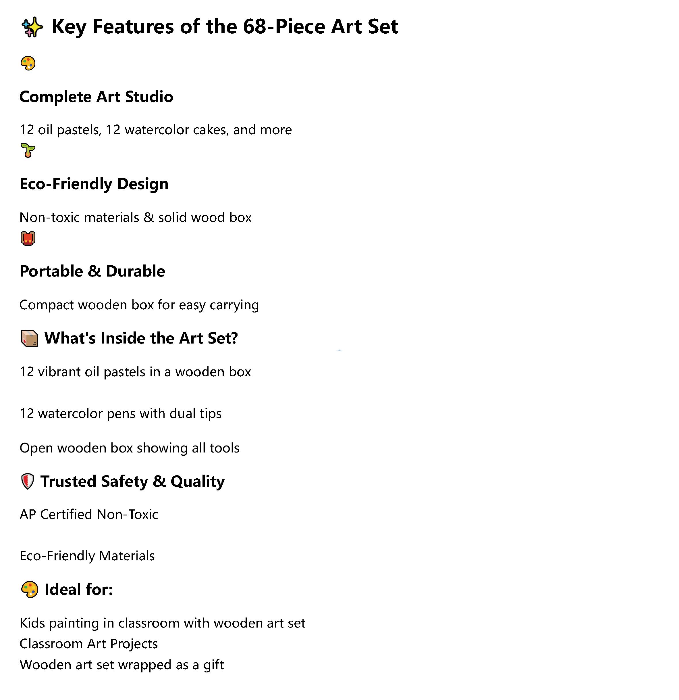 68-piece wooden art set with colorful tools inside