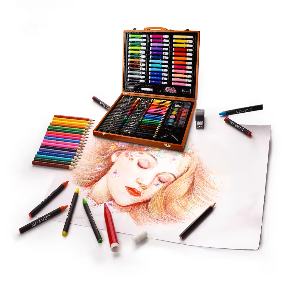 Open wooden case showing layered compartments with art supplies