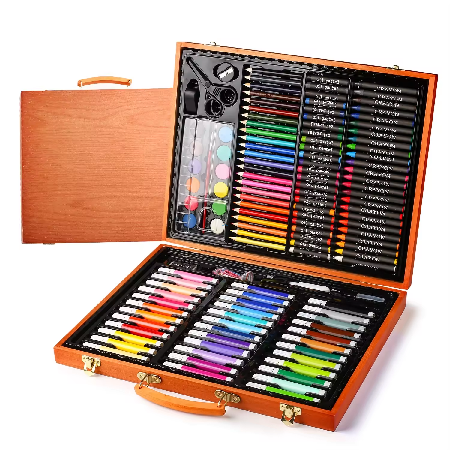 150-piece wooden art set with watercolor pens, oil colors, and tools