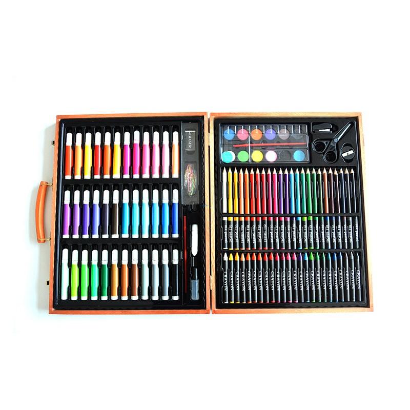 Open wooden case showing layered compartments with art supplies