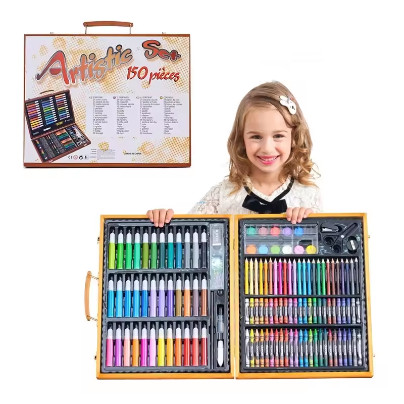 Open wooden case showing layered compartments with art supplies