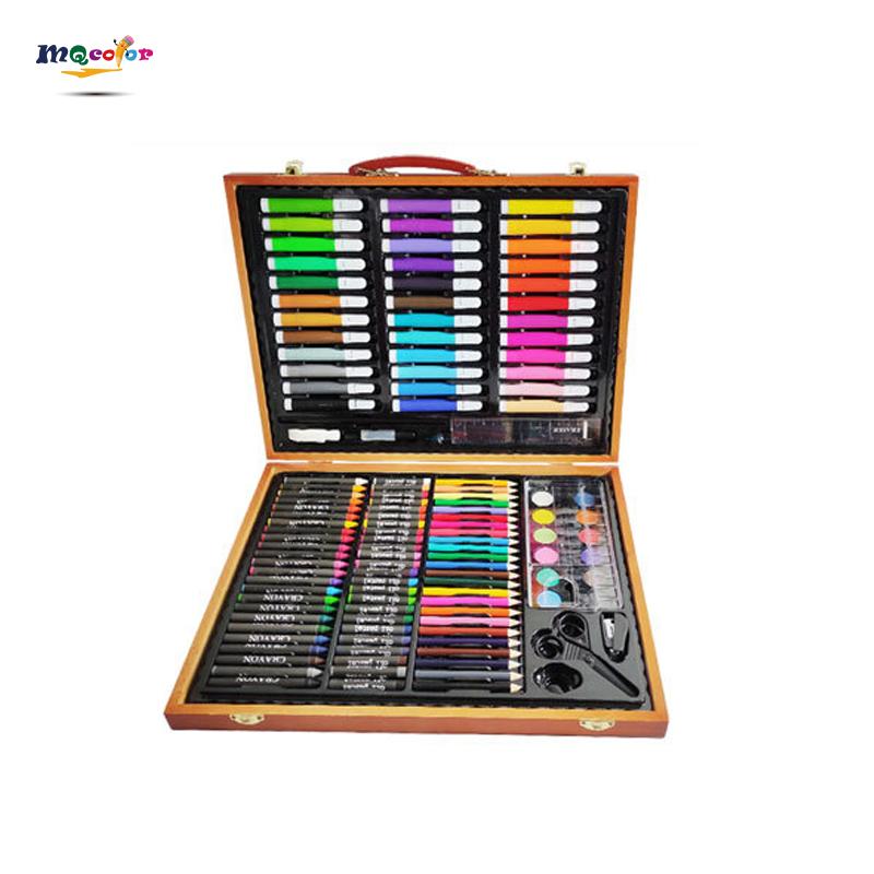 150-piece wooden art set with watercolor pens, oil colors, and tools