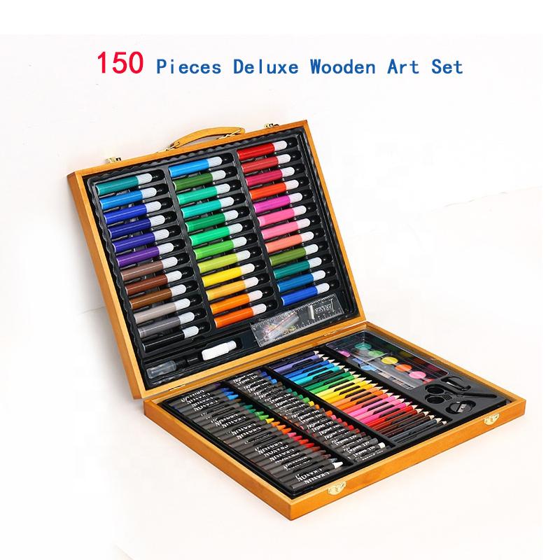 150-piece wooden art set with watercolor pens, oil colors, and tools
