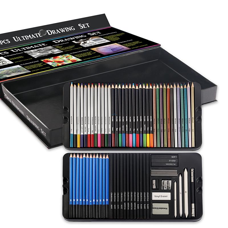 Open paper box showing layered pencils and blending tools