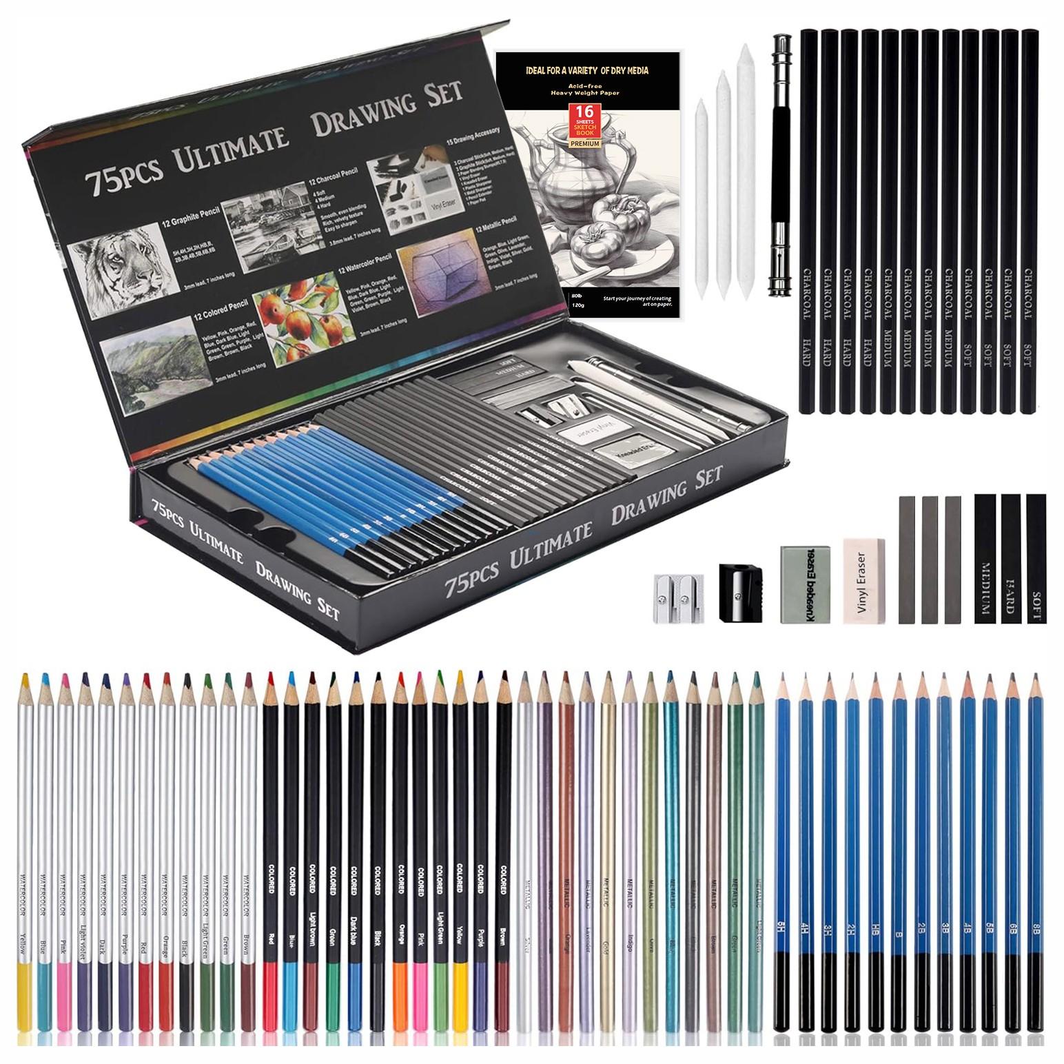 75-piece paper box sketching set with charcoal, metallic, and watercolor pencils