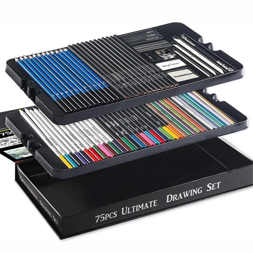 75-piece paper box sketching set with charcoal, metallic, and watercolor pencils