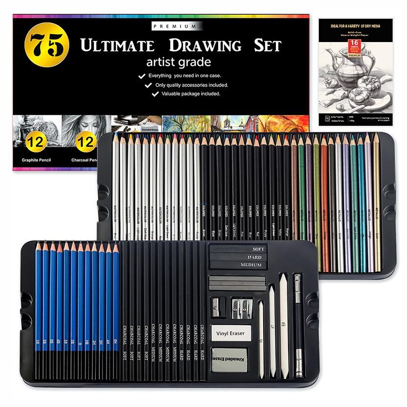 75-piece paper box sketching set with charcoal, metallic, and watercolor pencils
