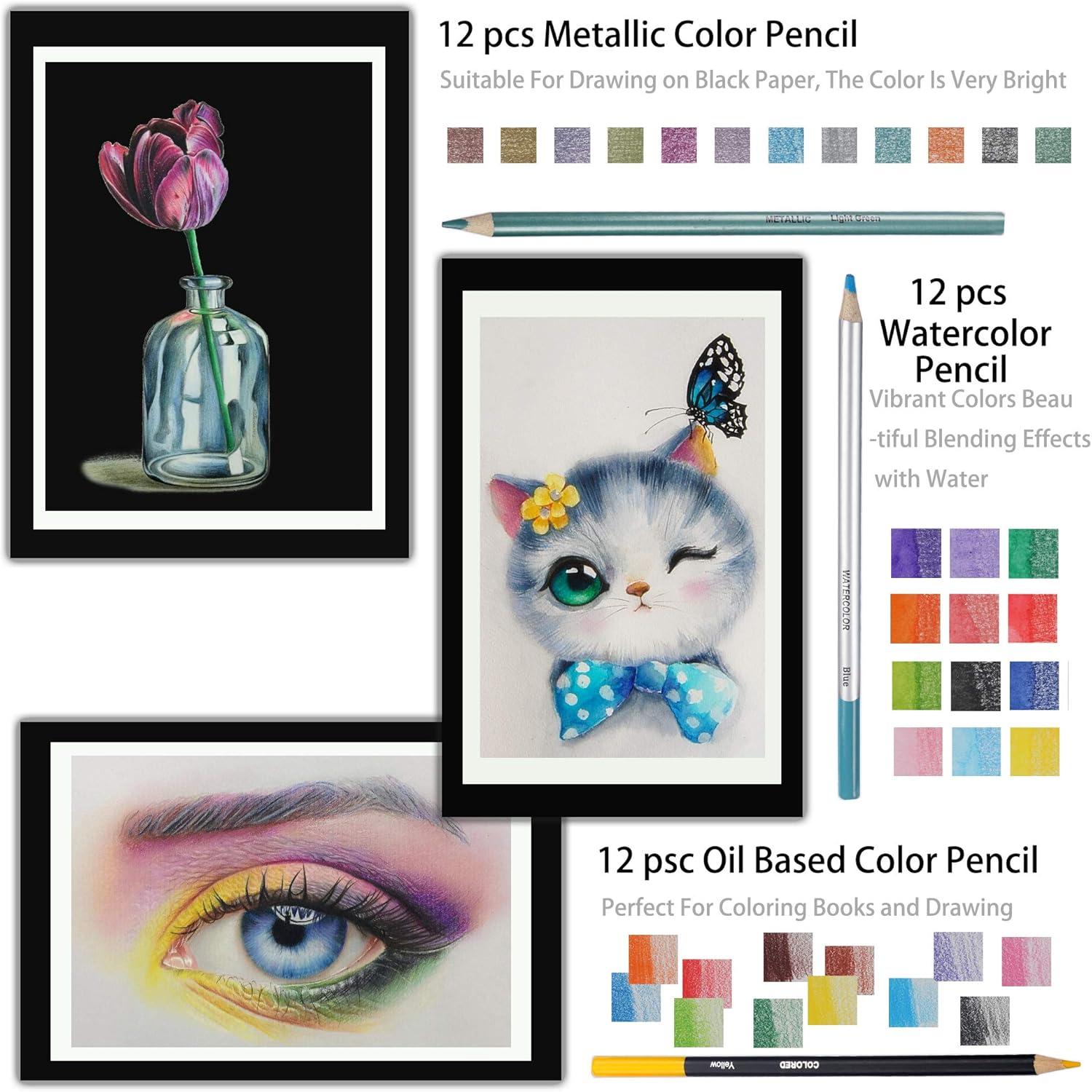 75-piece paper box sketching set with charcoal, metallic, and watercolor pencils