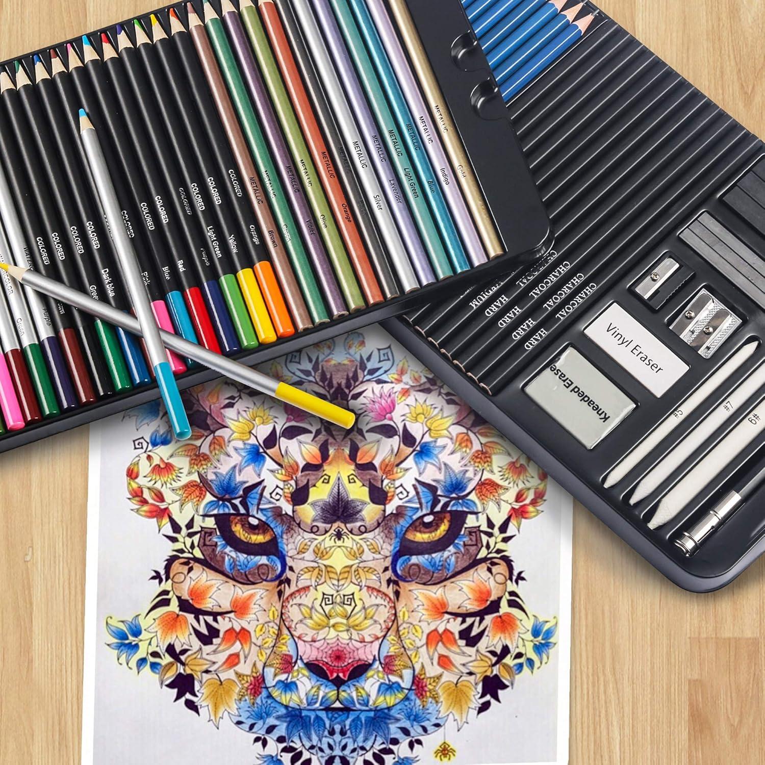 75-piece paper box sketching set with charcoal, metallic, and watercolor pencils