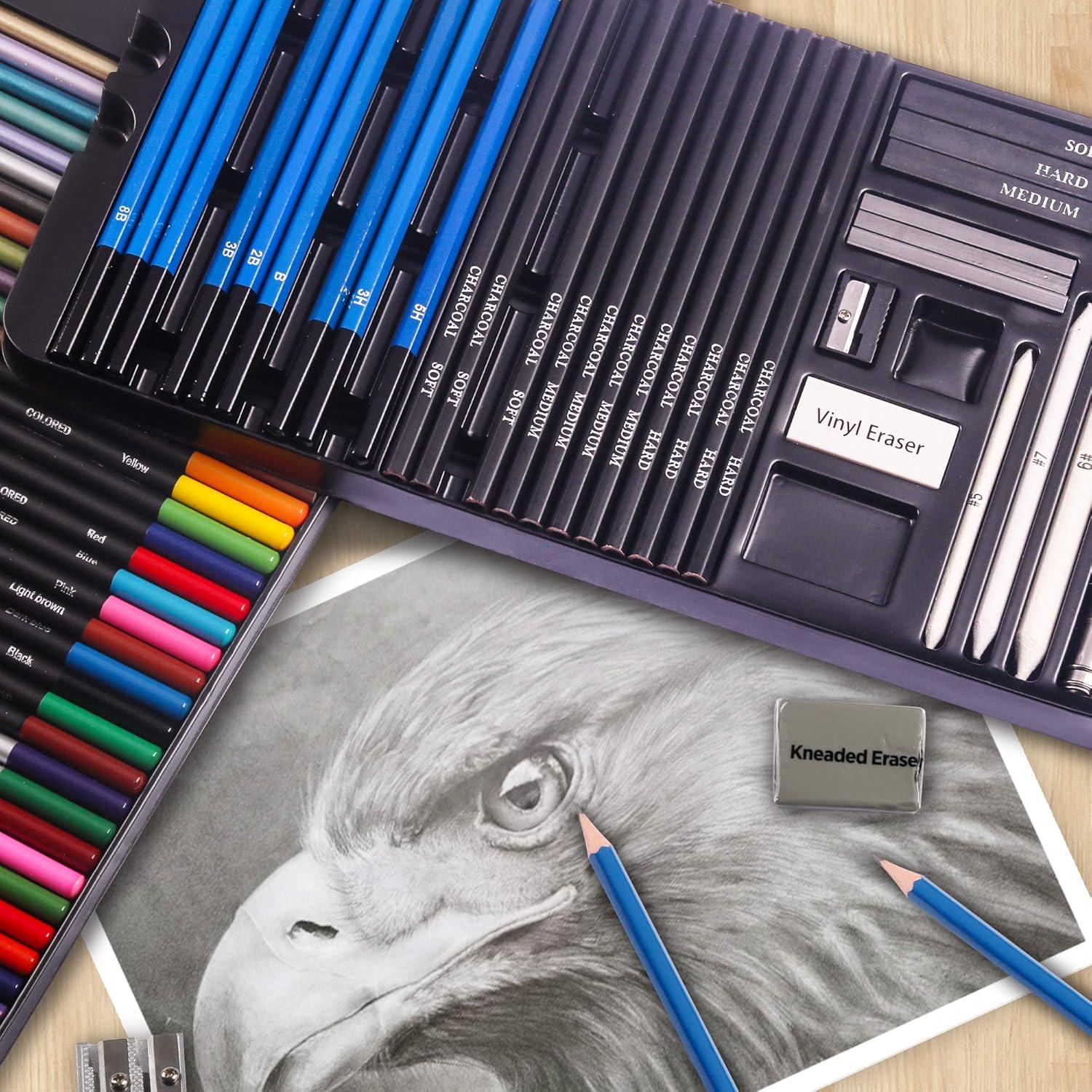 75-piece paper box sketching set with charcoal, metallic, and watercolor pencils