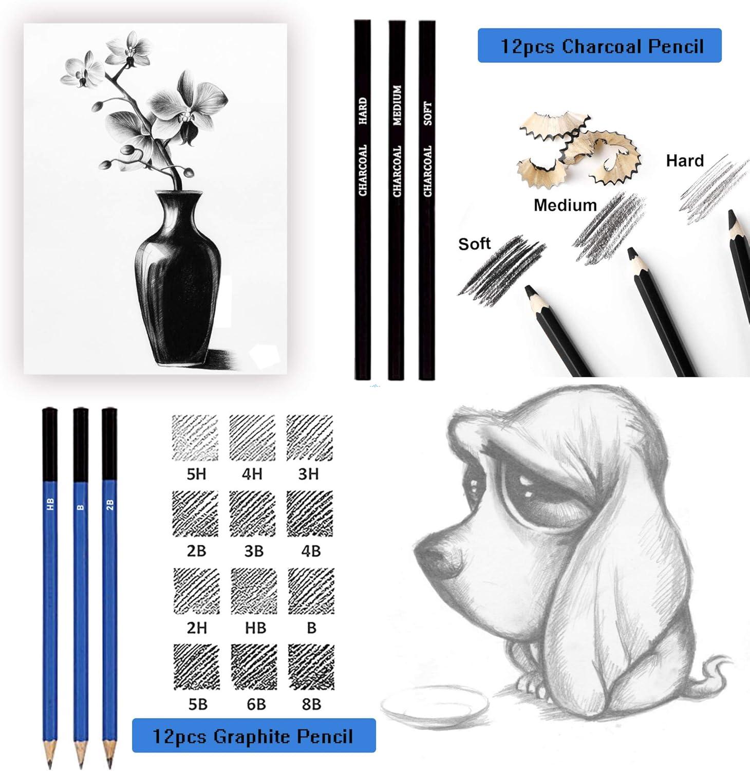 75-piece paper box sketching set with charcoal, metallic, and watercolor pencils