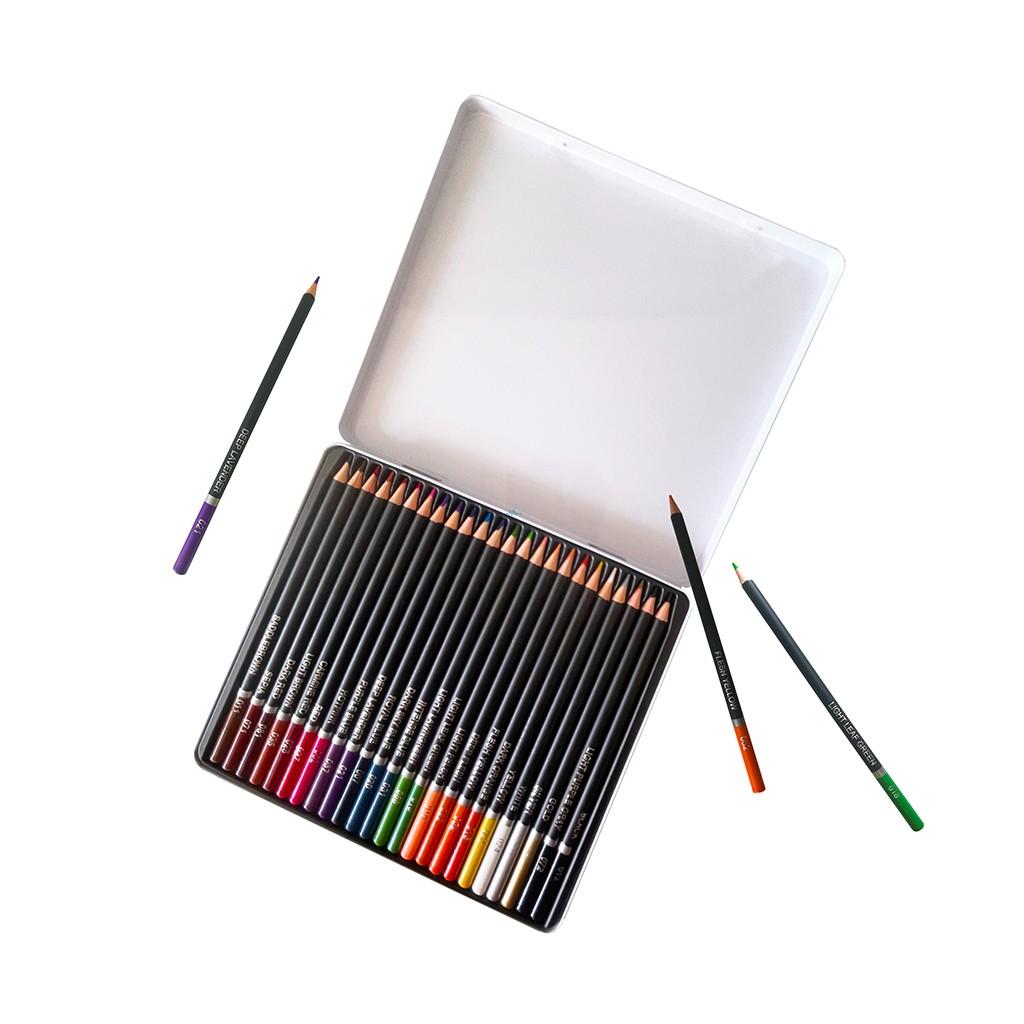 Open tin box showing 24 vibrant colored pencils