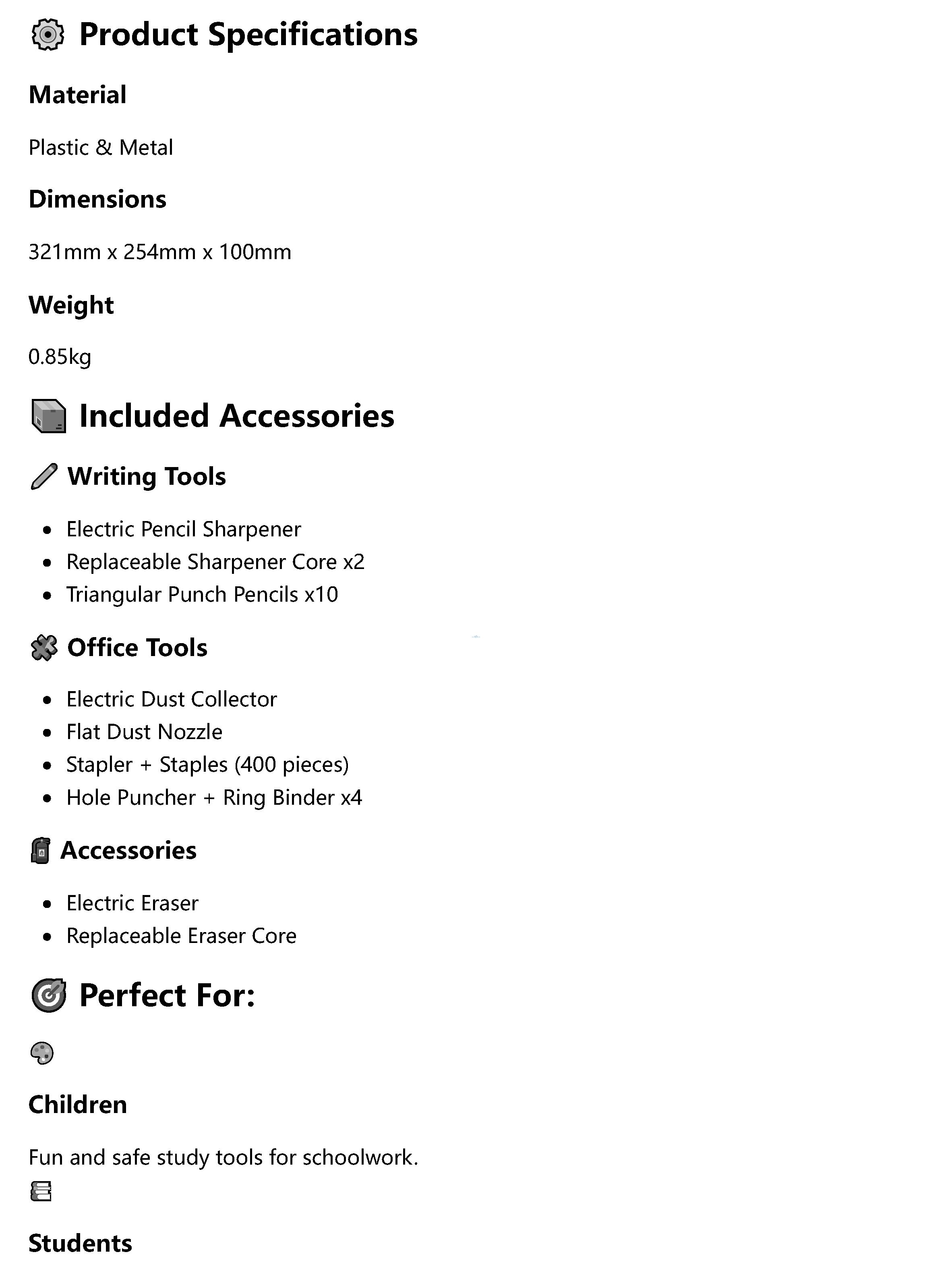 Detailed list of electric dust collector, stapler, and triangular punch pencils